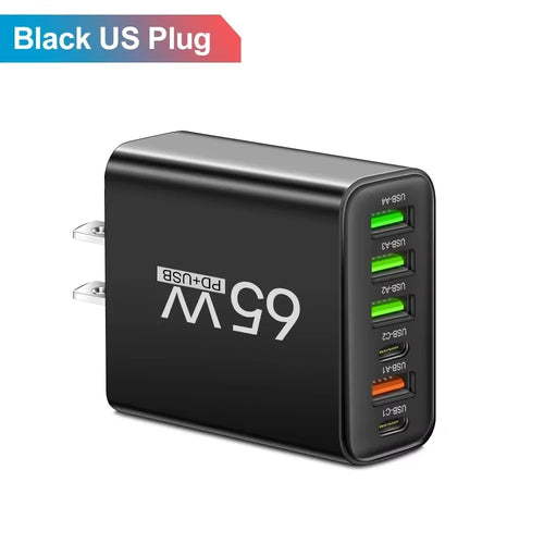 65W USB C Charger PD Fast Charging Mobile Cell Phone Type C Multiple 6 Ports Wall Adapter for Iphone 15 16 Xiaomi Huawei Samsung
